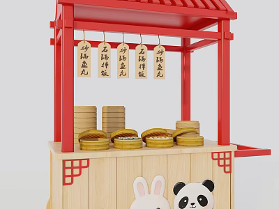 Red Wooden Pavilion Style Chinese Food Shelf With Bamboo Steamers And Rabbit Panda Designs 3d model