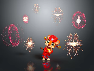 Cute Tiger Character In Red Outfit With Colorful Fireworks 3d model
