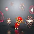 Cute Tiger Character In Red Outfit With Colorful Fireworks