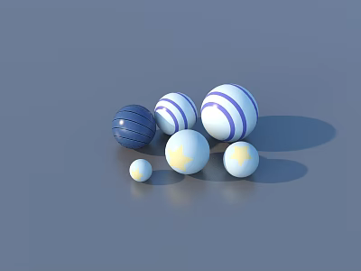 Blue And White Spheres With Striped Patterns In Various Sizes On Gray Surface 3d model