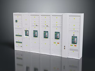 Row Of White Storage Cabinets Furniture With Multiple Compartments And Electronic Panels 3d model