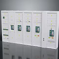 Row Of White Storage Cabinets Furniture With Multiple Compartments And Electronic Panels