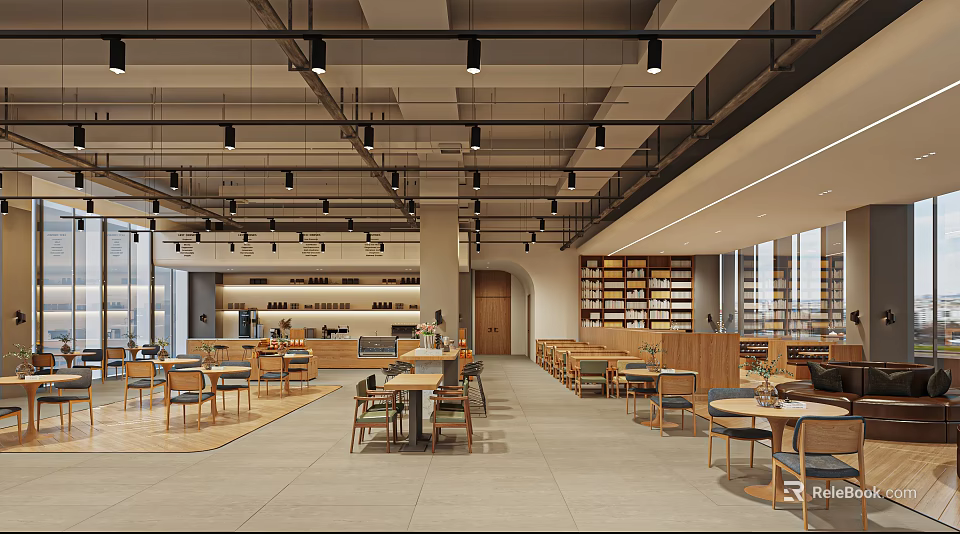 Modern Restaurant Interior Open Space With Wooden Tables Bookshelves And Hanging Lights 3d model 