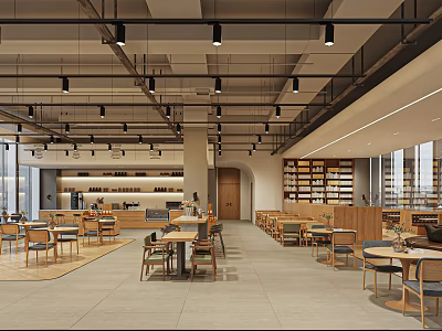 Modern Restaurant Interior Open Space With Wooden Tables Bookshelves And Hanging Lights 3d model