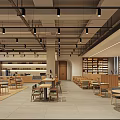 Modern Restaurant Interior Open Space With Wooden Tables Bookshelves And Hanging Lights