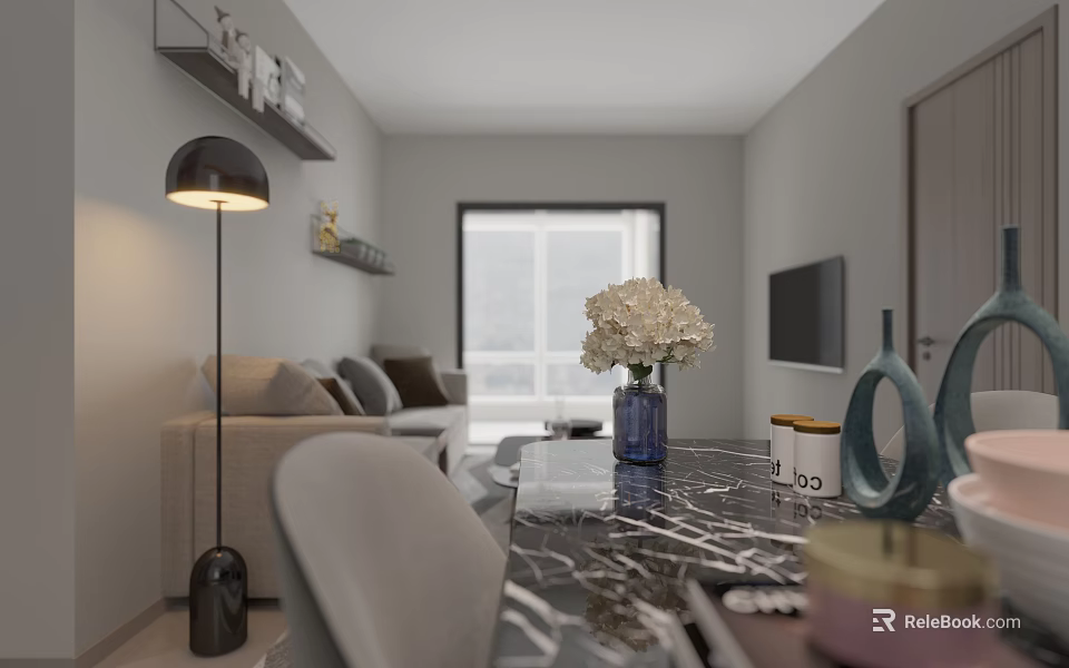 Modern Living and Dining Room Interior Design With Cozy Sofa Marble Table And White Flowers 3d model 