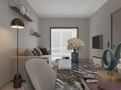 Modern Living and Dining Room Interior Design With Cozy Sofa Marble Table And White Flowers 3d model