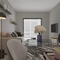 Modern Living and Dining Room Interior Design With Cozy Sofa Marble Table And White Flowers