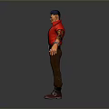 Game Movie Character With Blue Hair Red Vest And Brown Pants Standing Pose