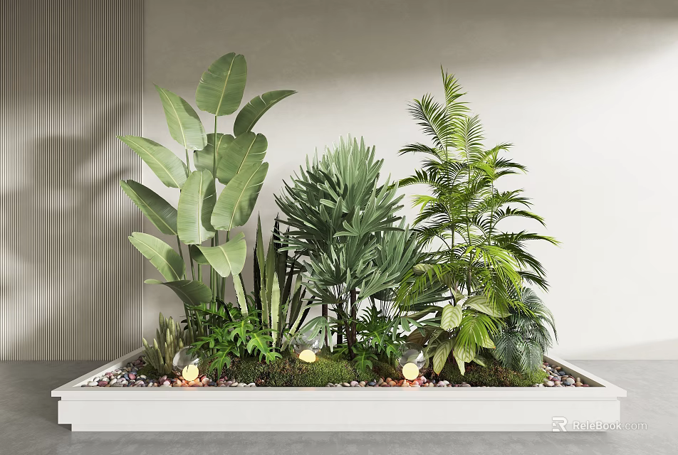 Garden Miniature Landscape With Various Green Plants Pebbles And Decorative Lights In White Rectangular Planter 3d model 