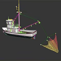 Traditional Fishing Boat With Cabin White And Red Hull Extended Fishing Net