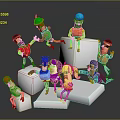 Multiple Cartoon Characters Interacting On White Geometric Blocks With Various Poses