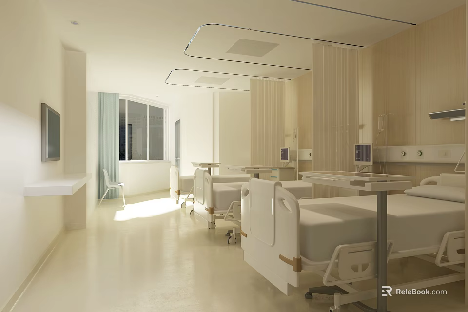 Modern Hospital Ward With White Beds Medical Equipment And Bright Windows 3d model 