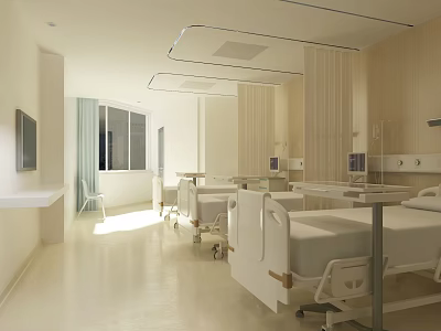Modern Hospital Ward With White Beds Medical Equipment And Bright Windows 3d model