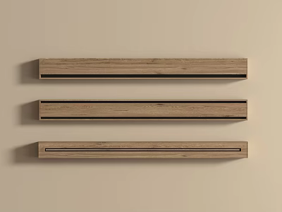 Three Long Wooden Bathroom Shelves On Light Colored Wall For Storage 3d model