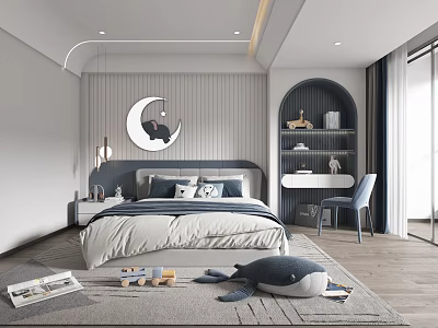 Kids Room Interior Design With Moon Shaped Mirror Striped Wall And Whale Plush Toy 3d model