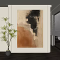 Abstract Wall Art in Beige Black Brown Tones With Green Plant in Modern Room