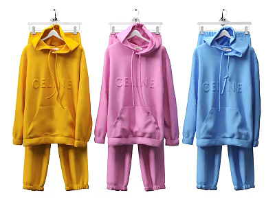 Fashionable Yellow Pink Blue CELINE Embroidered Hoodie and Pants Clothing Sets 3d model