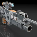 Futuristic Tactical Weapon With Mounted Scope Gray Orange Finish Textured Grip Modern Design