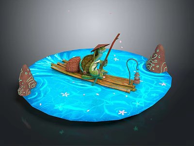 Lizard Creature Fishing On Wooden Raft With Blue Water And Decorative Rocks 3d model