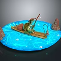Lizard Creature Fishing On Wooden Raft With Blue Water And Decorative Rocks