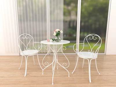 White Iron Round Table Chair Set With Vase Flowers By Large Windows 3d model