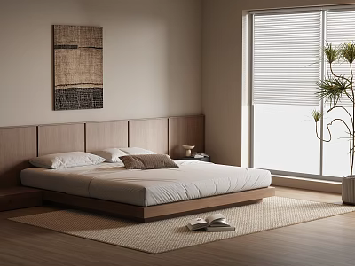 Modern Minimalist Bedroom Interior With Wooden Headboard Bed Area Rug Window Blinds And Potted Plant 3d model
