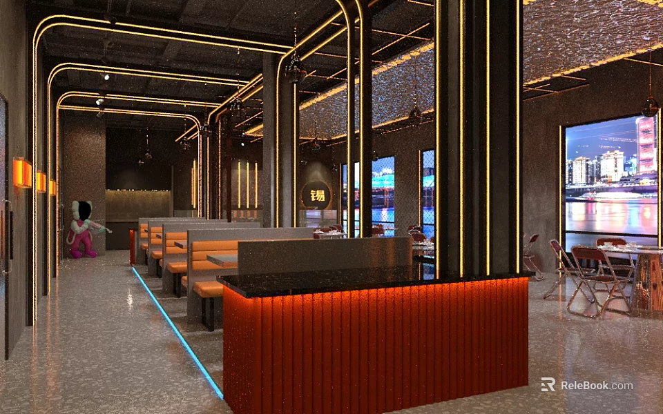 Modern Restaurant Interior With Golden Lines Red Bar Counter Booths And City View Windows 3d model 