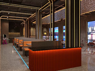 Modern Restaurant Interior With Golden Lines Red Bar Counter Booths And City View Windows 3d model