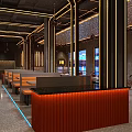 Modern Restaurant Interior With Golden Lines Red Bar Counter Booths And City View Windows