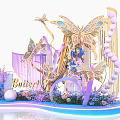 Floral Art Installation Featuring Golden Butterflies Purple Blue Flowers Beaded Accents and Gradient Decorative Base