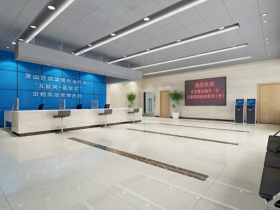 Modern Spacious Administrative Service Hall Interior With Service Counter Digital Screen And Green Plants 3d model