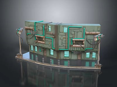 Futuristic Sci Fi Building Structure With Metallic Panels And Green Accent Lines 3d model
