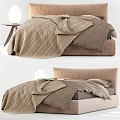 Cozy Double Bed With Beige Linens Blanket Pillows And Nightstand Lamp
