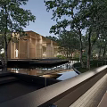 Modern Garden Landscape With Wooden Structure Water Pool And Stone Platform