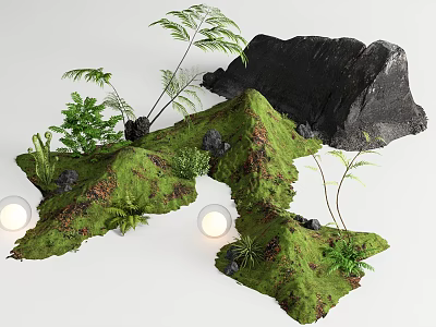 Natural Plant Combination With Green Moss Covered Rock Formation Ferns Small Greenery And Black Stone Lights 3d model
