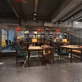 Industrial Style Café Interior With Red Brick Walls Concrete Floors Wooden Furniture And Bakery Shelves
