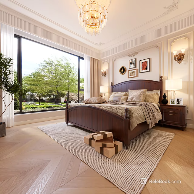 Elegant Bedroom With Wooden Double Bed Large Window Green View Decorative Paintings And Gift Boxes 3d model 