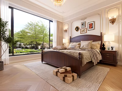 Elegant Bedroom With Wooden Double Bed Large Window Green View Decorative Paintings And Gift Boxes 3d model