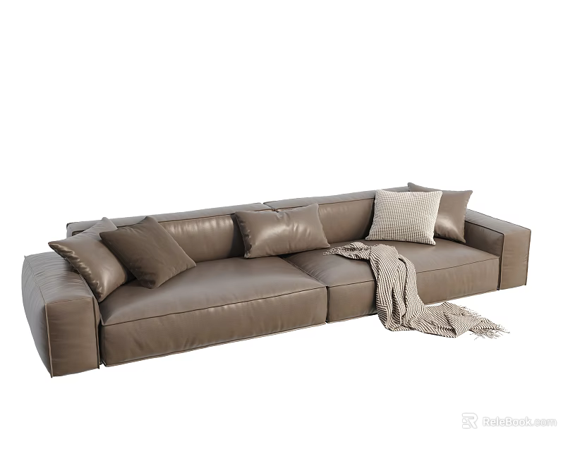 Modern Brown Leather Sectional Sofa With Decorative Pillows And Throw Blanket 3d model