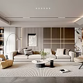 Modern Living Room Interior With Beige Sofa Pillows Armchair Coffee Table Rug And Accent Wall