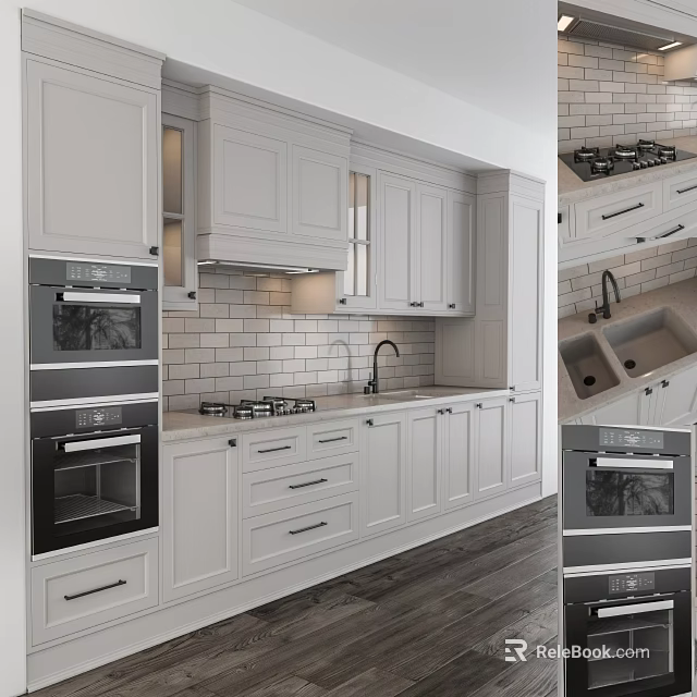 Modern White Kitchen Cabinets With Oven Gas Stove Sink And Tile Backsplash 3d model 