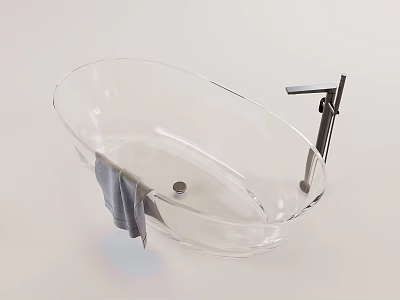 Transparent Bathtub With Modern Metal Faucet And Gray Towel Design 3d model