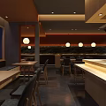 Modern Restaurant Interior With Open Layout Dining Table Chairs And Pendant Lights 3d model