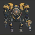 Smart Robot With Yellow And Gray Mechanical Armor Sci Fi Design Holding Weapon