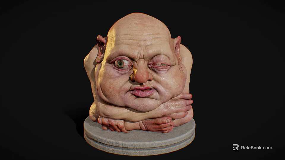 Fantasy Creature Sculpture with Large Head Wrinkled Face and Clawed Hands on Stone Base 3d model 