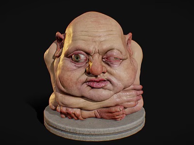 Fantasy Creature Sculpture with Large Head Wrinkled Face and Clawed Hands on Stone Base 3d model