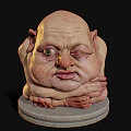 Fantasy Creature Sculpture with Large Head Wrinkled Face and Clawed Hands on Stone Base