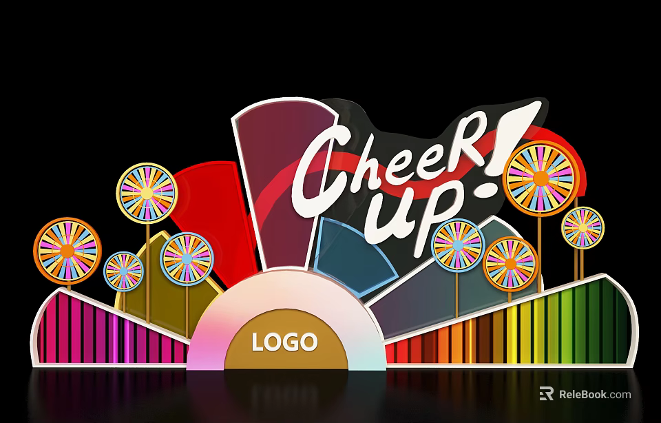 Cheer Up Themed Design With Colorful Circular Patterns Fan Shapes And Logo 3d model