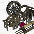Vintage Woodworking Equipment with Large Wheels Gears Sawing Mechanism and Wooden Log on Tracks